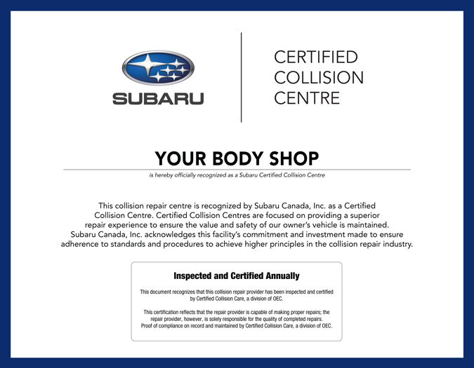 Subaru Certified Collision Centre Sign