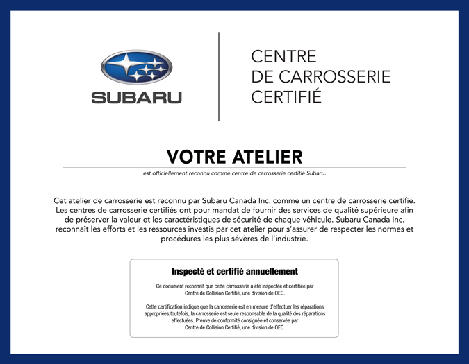 Subaru Certified Collision Centre Sign