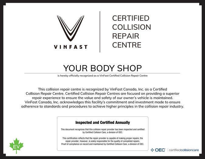 VinFast Certified Collision Centre Sign
