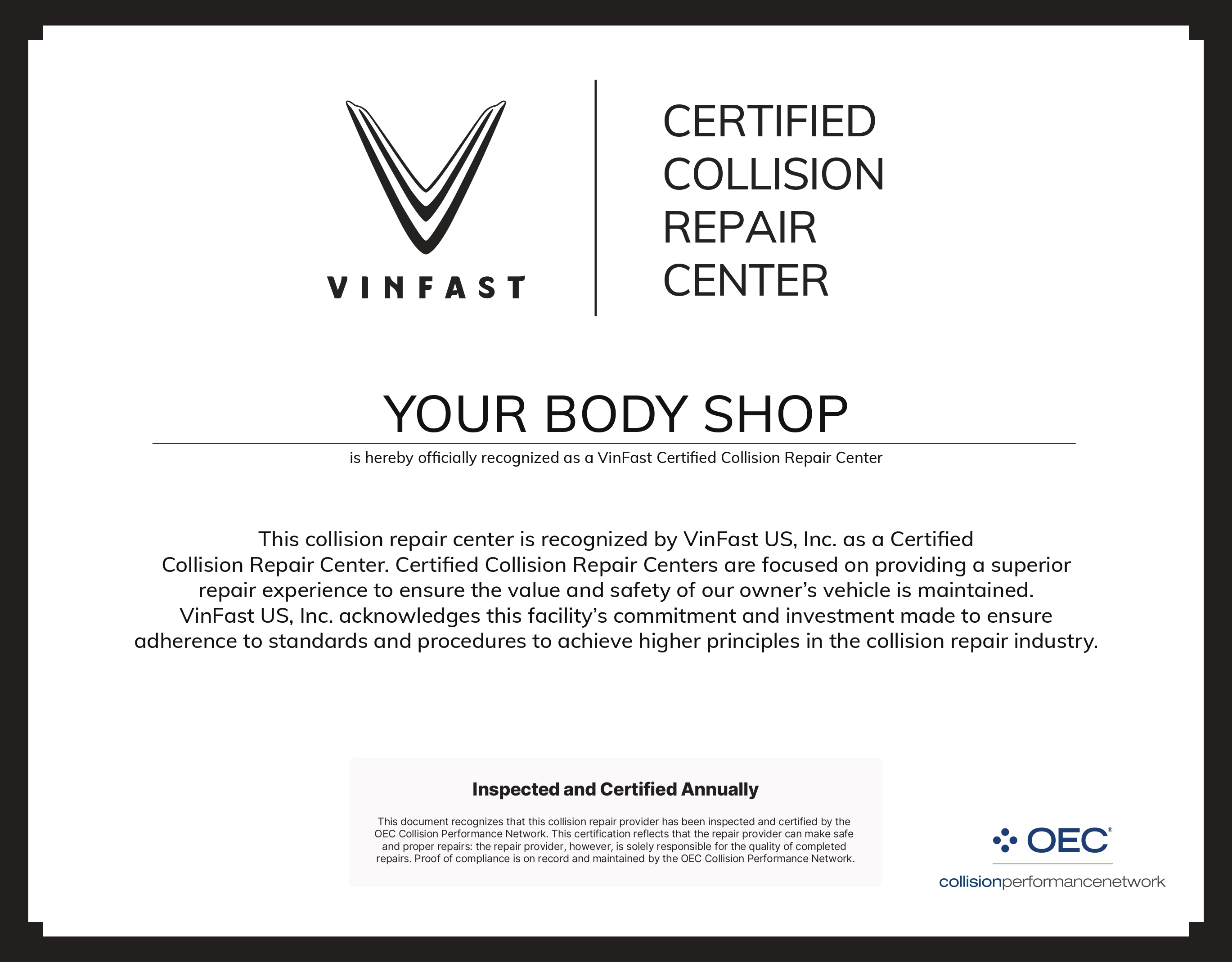 Vinfast Certified Collision Center Sign